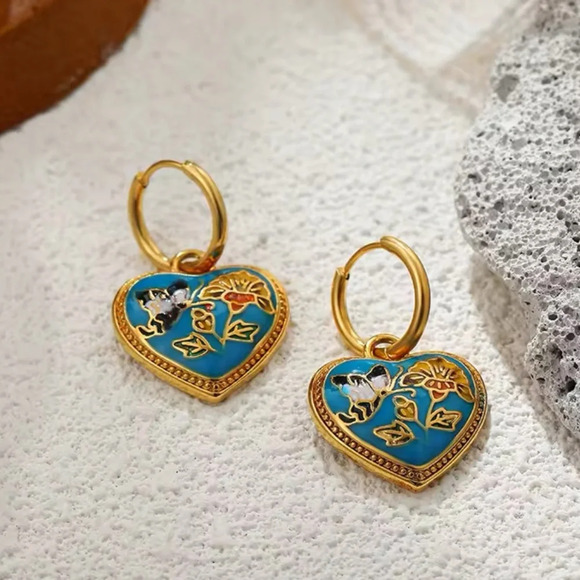 Vintage Ethnic Blue Enamel 18K Gold Stainless Steel Gold Heart Earrings - Picture 3 of 5